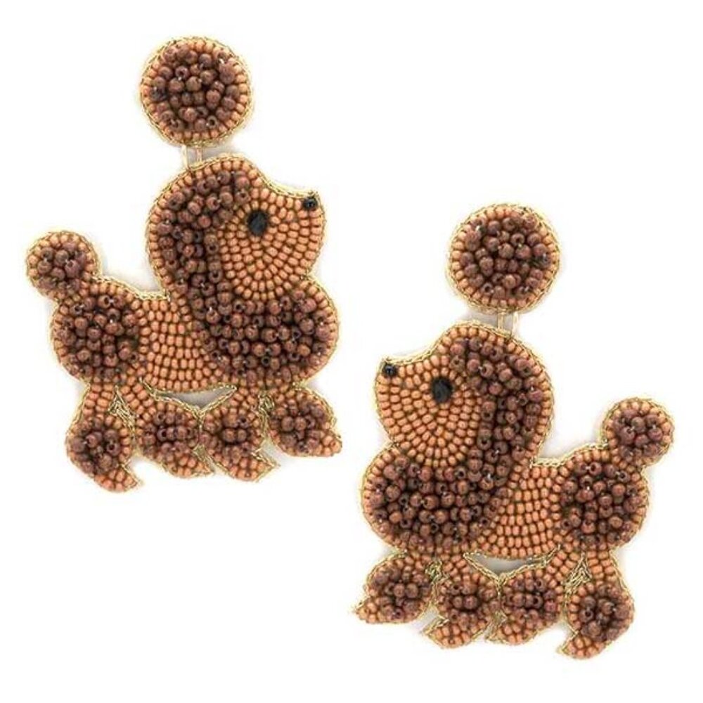 Poodle Dog BROWN Seed Beaded Drop Earrings BRAND NEW